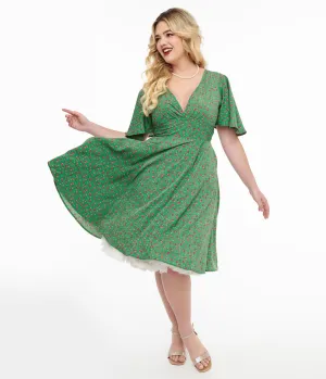 1950s Green & Pink Rose Fit & Flare Dress