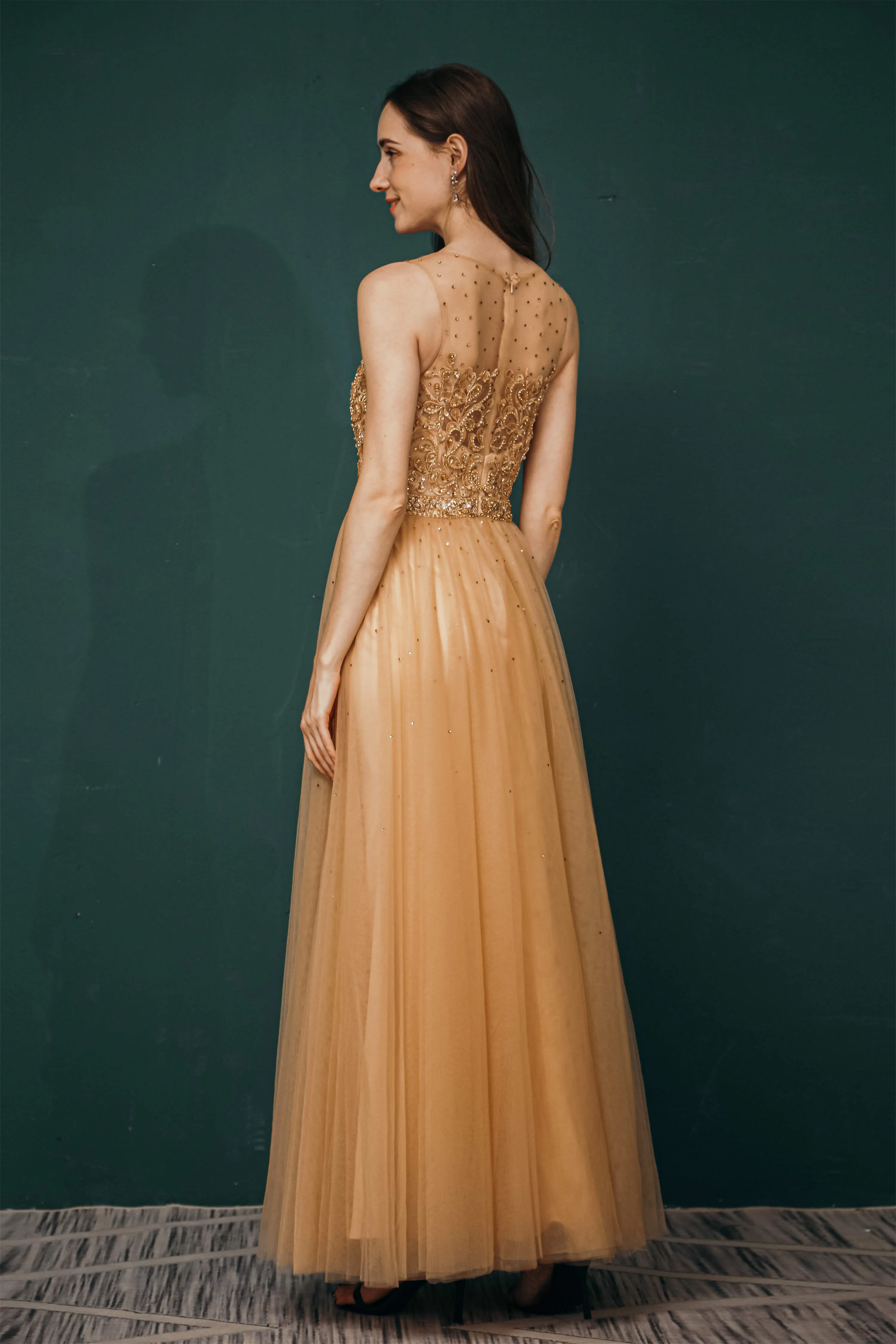 A-Line Scoop Neckline Sheer Appliques Beaded Ankle Length Prom Dresses