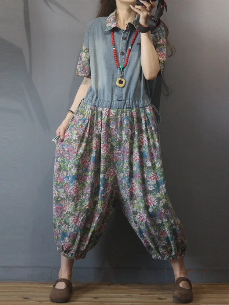 Always and Forever Floral Print Denim Overall Jumpsuit