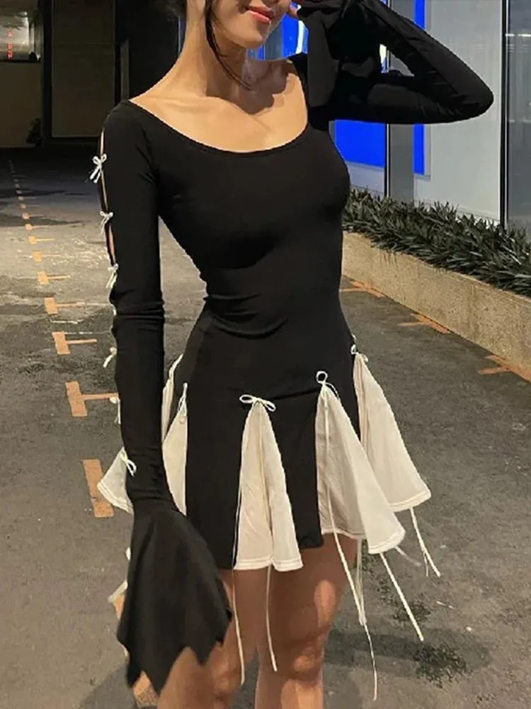 Autumn Long Sleeves Flare Sleeve Bandage Black A-Line Dress