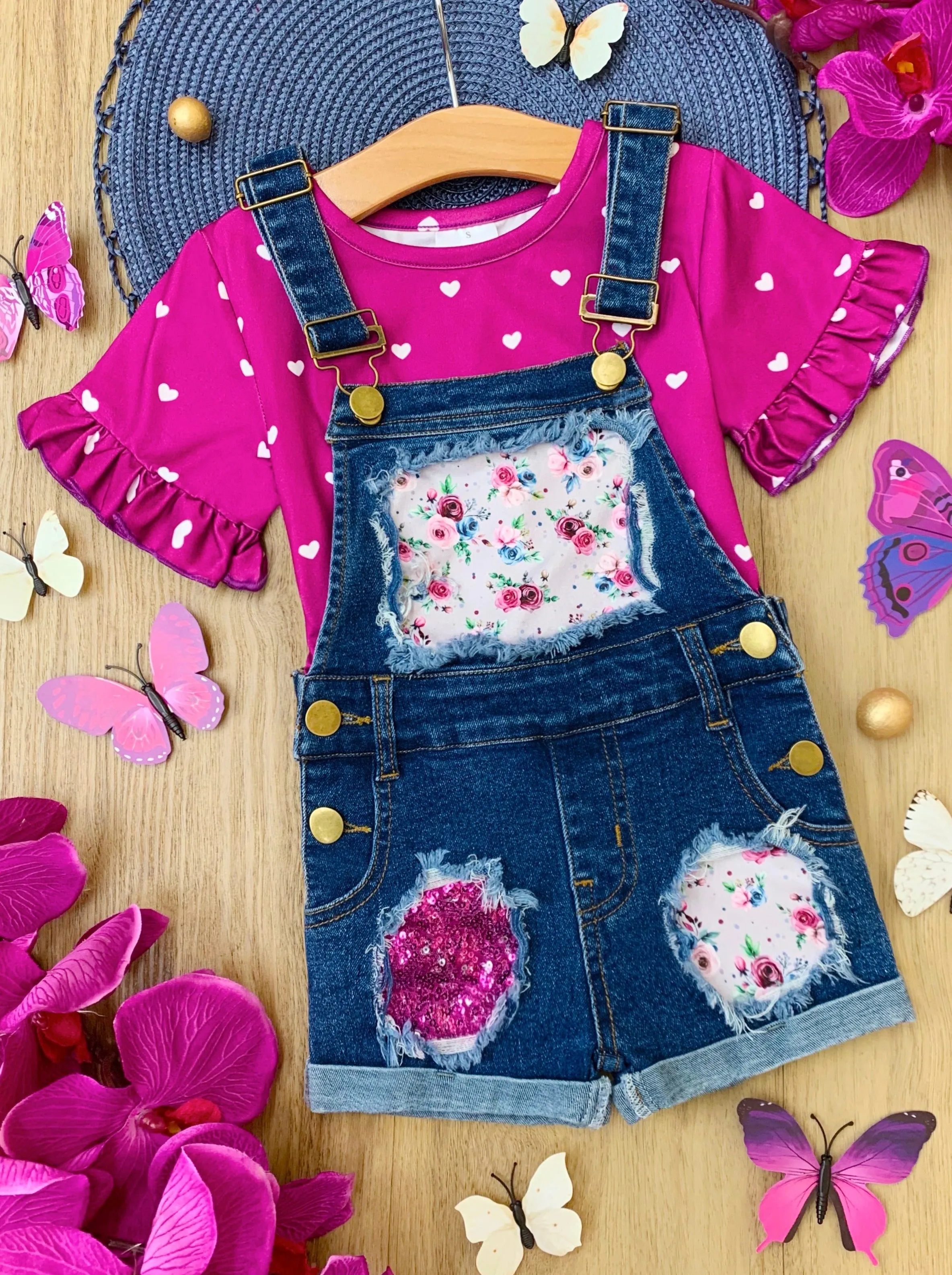 Awesome Blossom Patched Overalls Shorts Set