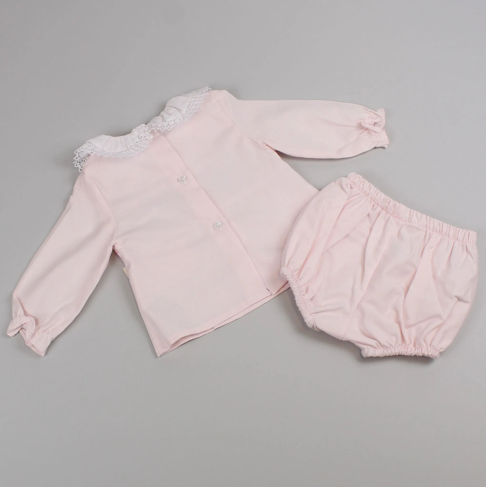 Baby Girls Pink Smocked Long Sleeve Outfit - Lace Collar - With Jam Pants