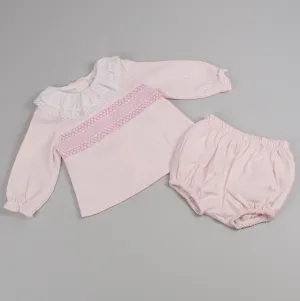 Baby Girls Pink Smocked Long Sleeve Outfit - Lace Collar - With Jam Pants