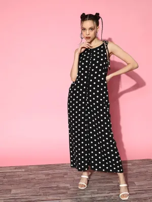 Berrylush Women Black & White Polka Dot Printed Round Neck Tie-Up Straps Two-Pocket Regular Basic Jumpsuit