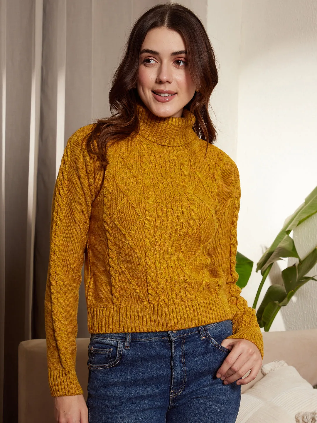 Berrylush Women Solid Yellow Turtle Neck Acrylic Ribbed Hem Cable Knitted Regular Sweater