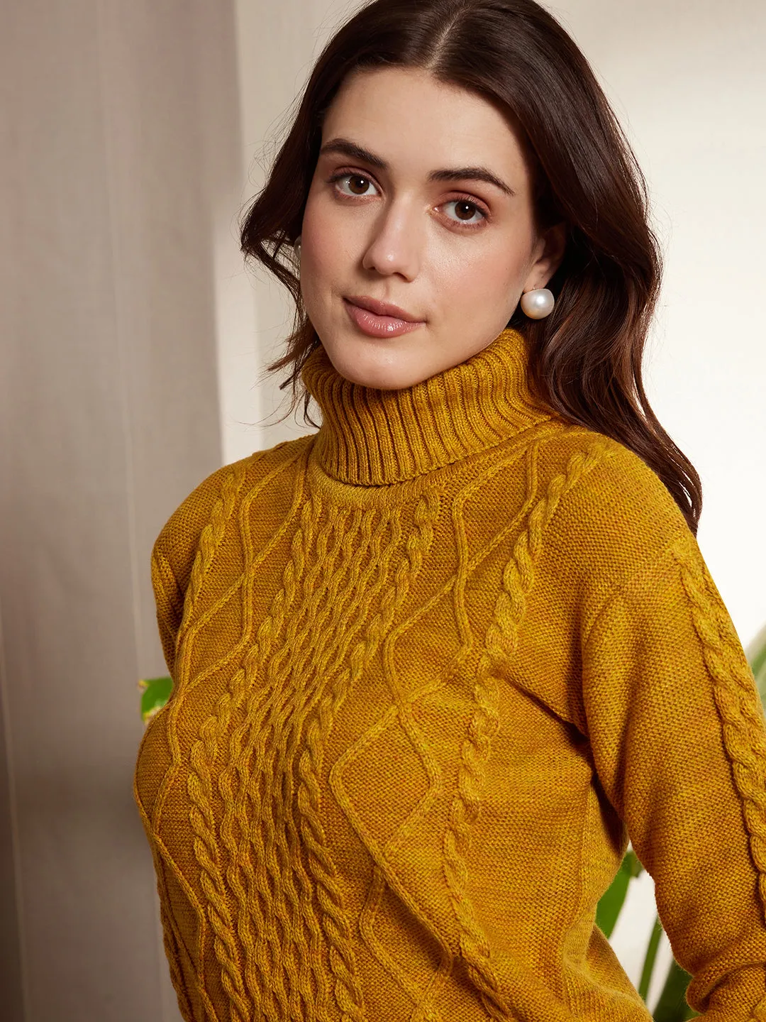 Berrylush Women Solid Yellow Turtle Neck Acrylic Ribbed Hem Cable Knitted Regular Sweater