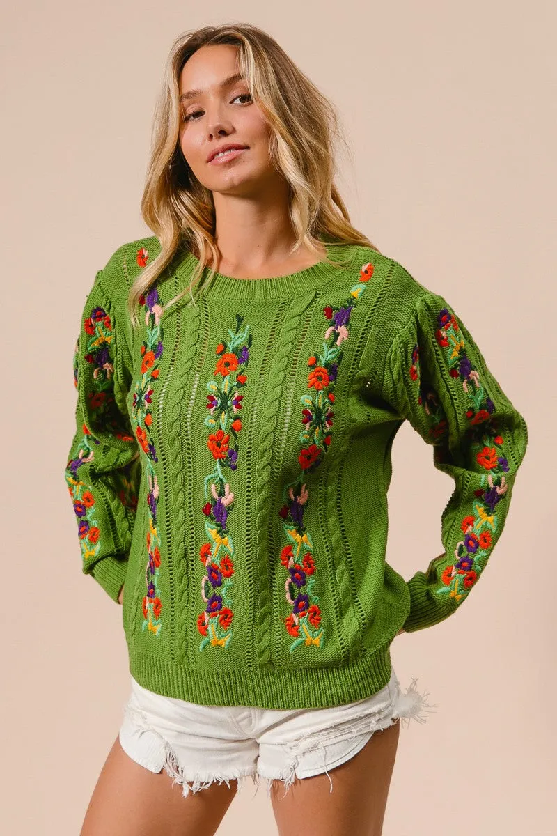 BiBi Solid Color Cable Knit Sweater with Flower Embroidery in Olive