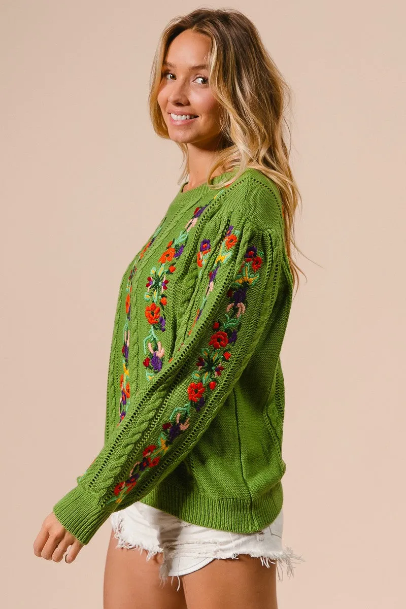 BiBi Solid Color Cable Knit Sweater with Flower Embroidery in Olive