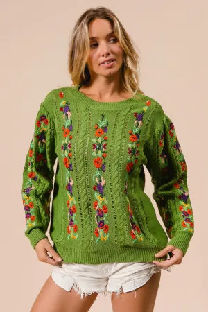 BiBi Solid Color Cable Knit Sweater with Flower Embroidery in Olive