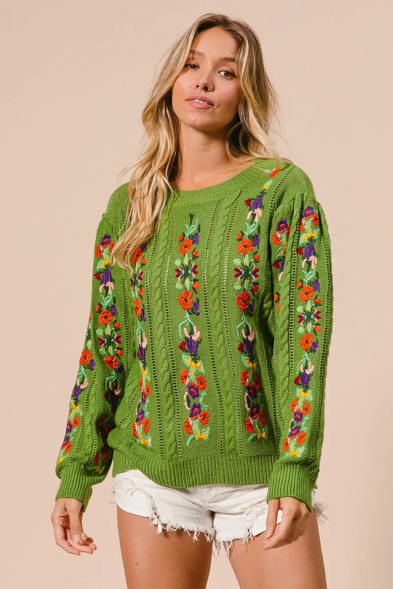 BiBi Solid Color Cable Knit Sweater with Flower Embroidery in Olive