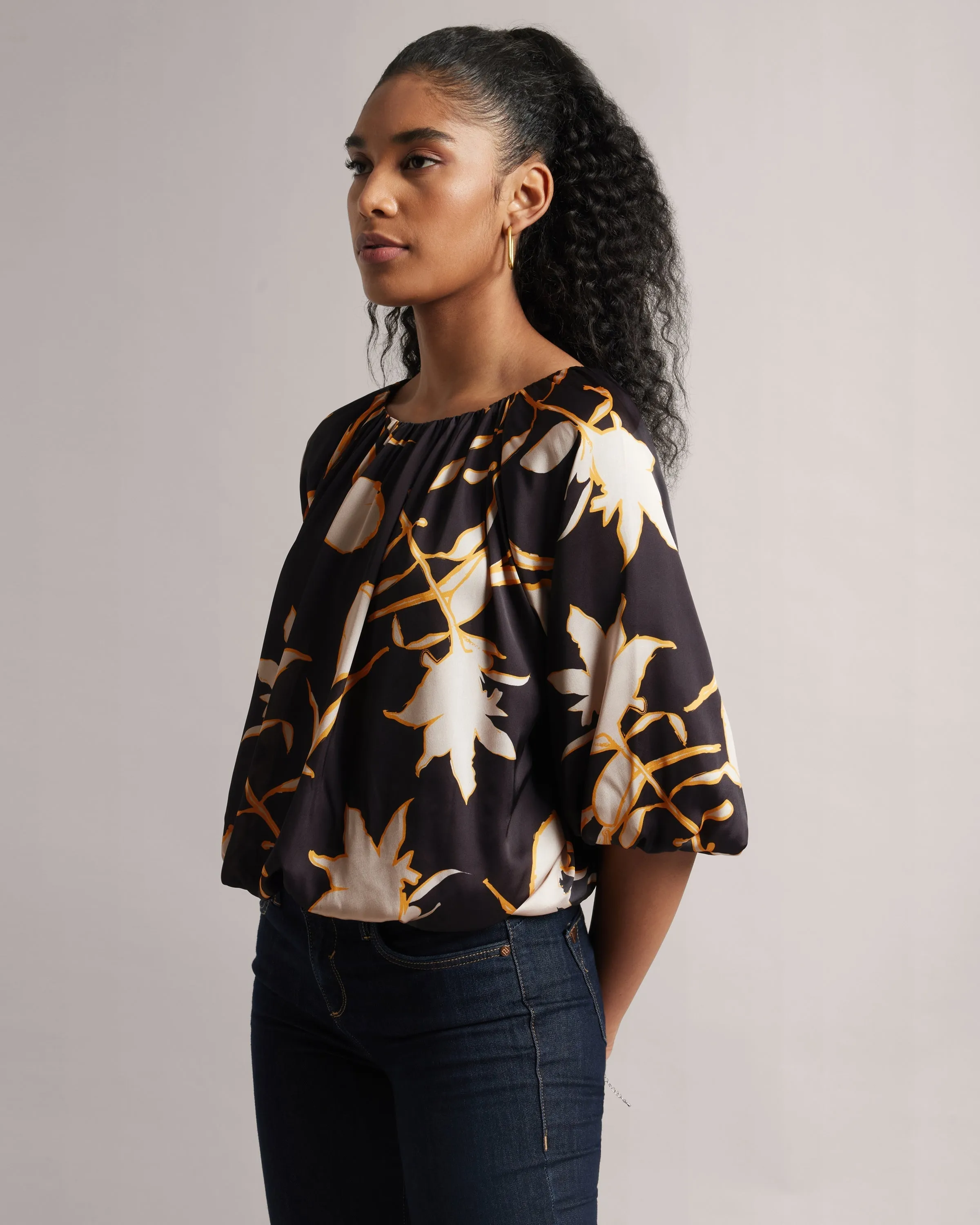 Black Abstract Floral Boatneck Top