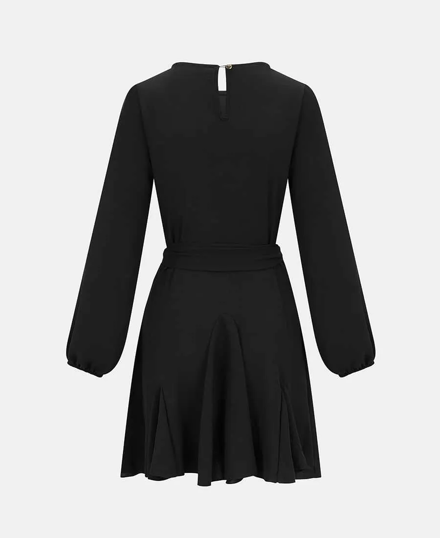 Black Crepe Belted Fit and Flare Dress