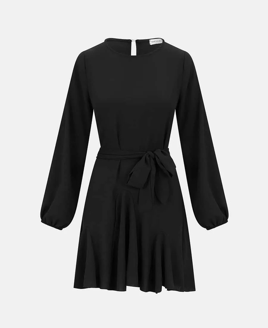 Black Crepe Belted Fit and Flare Dress