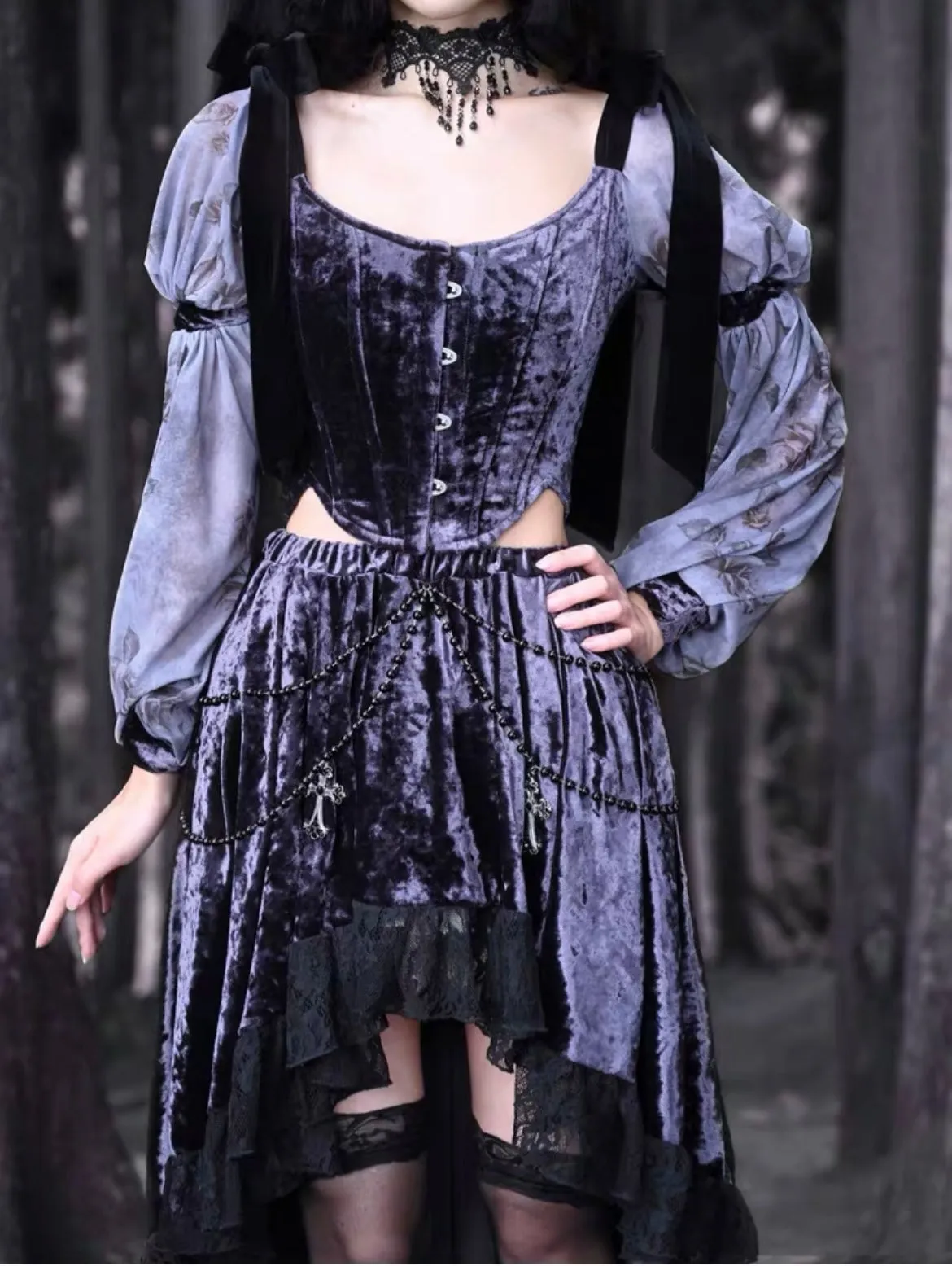 [Blood Supply] Moon Goddess Velvet Trailing Lace Skirt