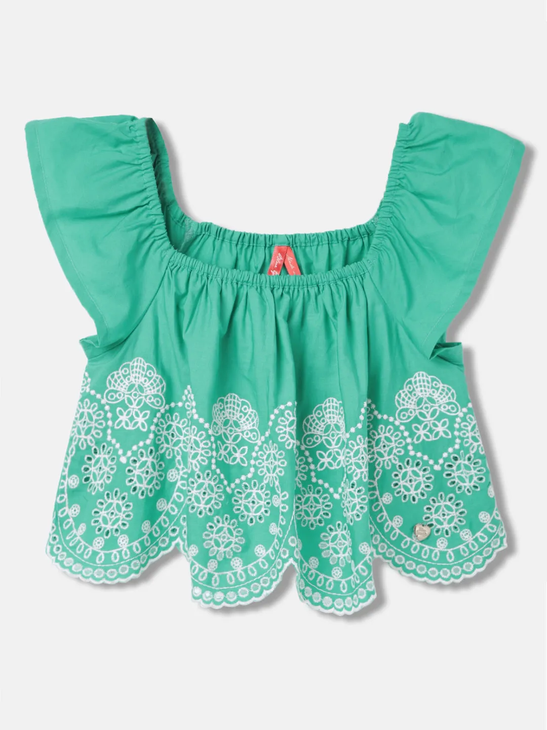 Blue Giraffe Girls Green Embroidered Square Neck Short Sleeves Top