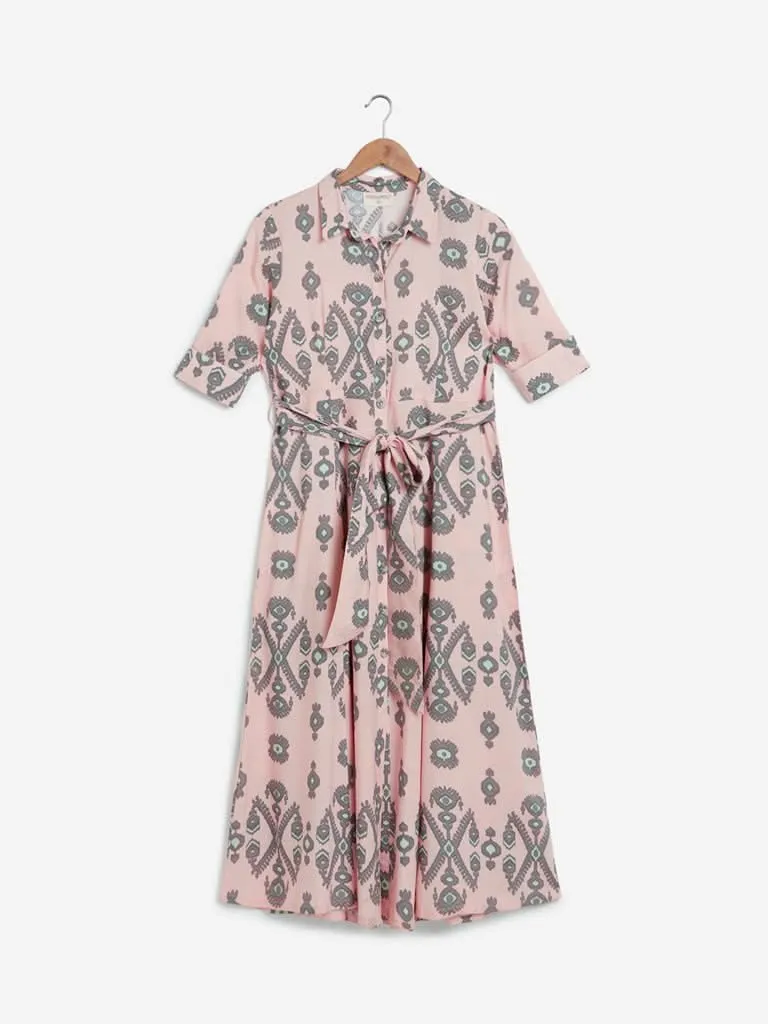 Bombay Paisley Peach Print Shirtdress With Belt