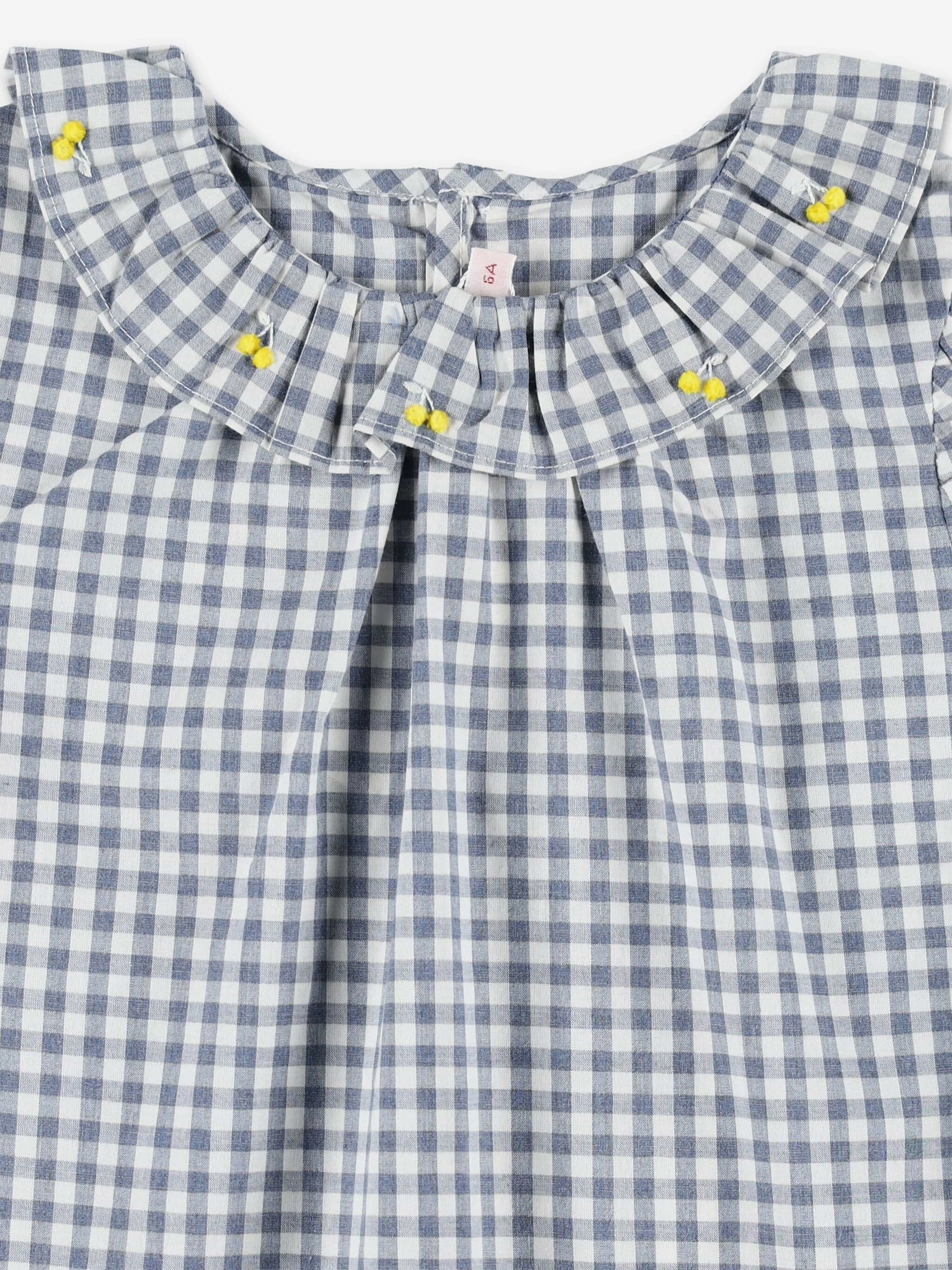 Bonpoint Girls Embroidered Gingham Blouse in Grey