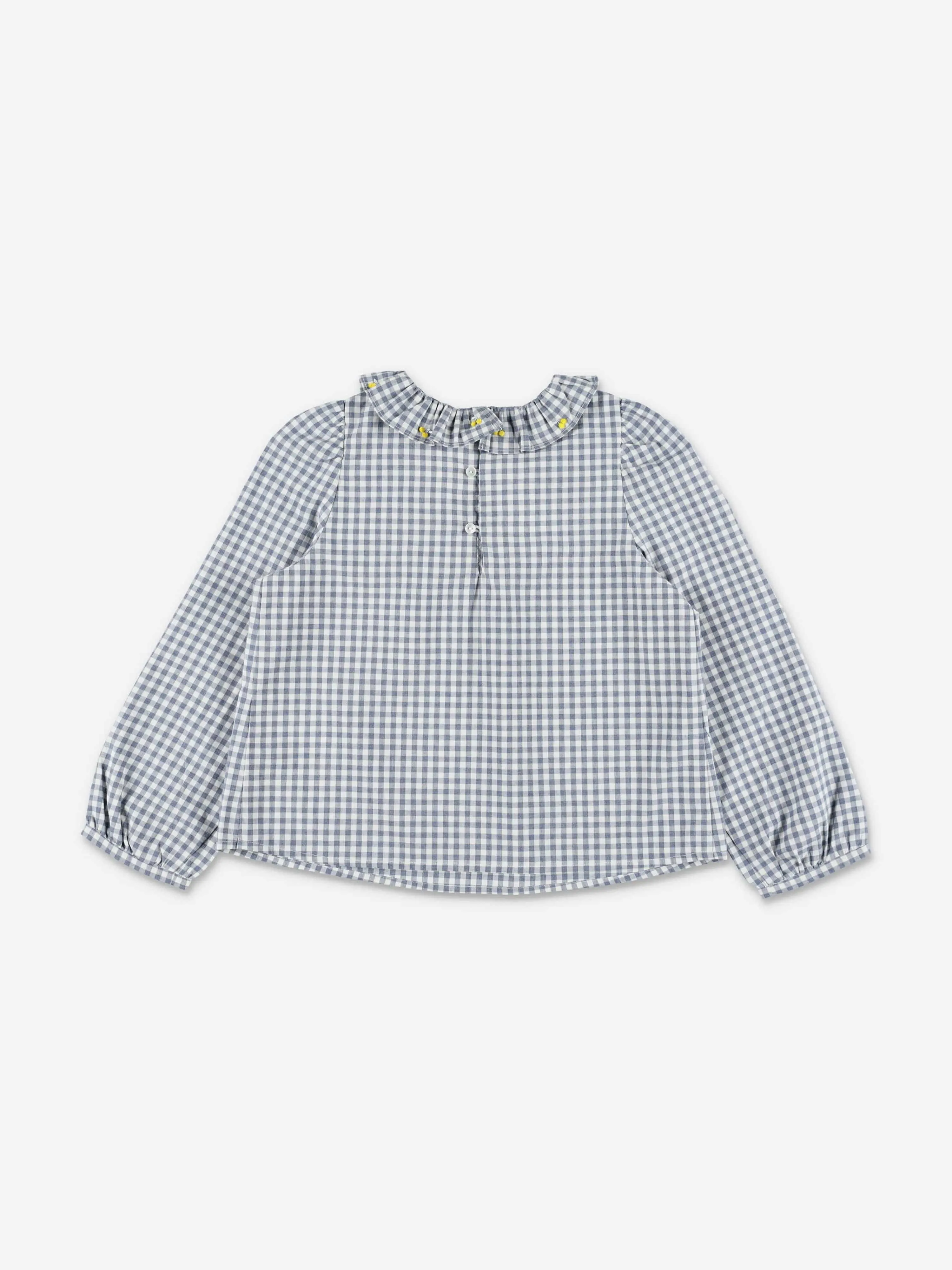 Bonpoint Girls Embroidered Gingham Blouse in Grey