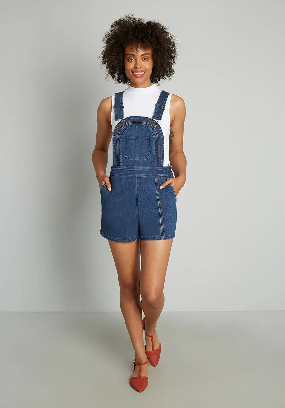 Bouncing Over The Rainbow Denim Shortalls