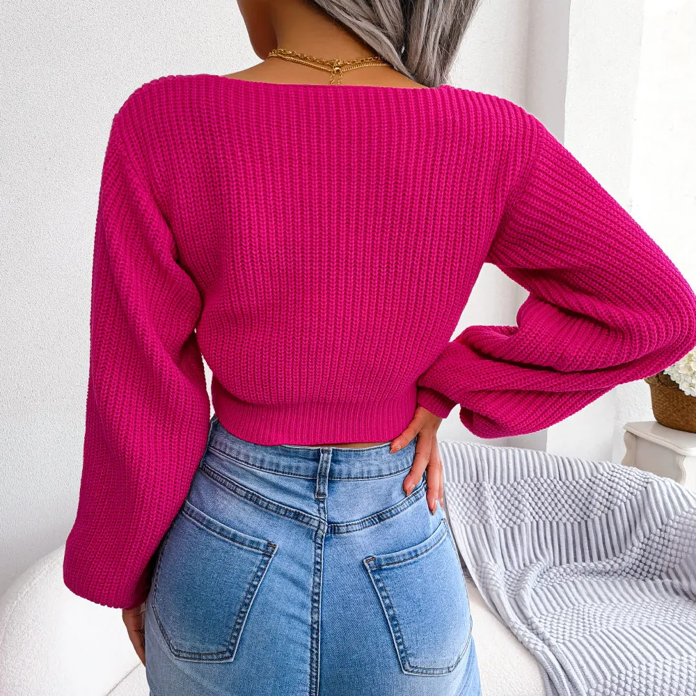 Bow Bunny Cropped Knit Sweater with Bow Detail  in Pink, Green, or White | Poundton