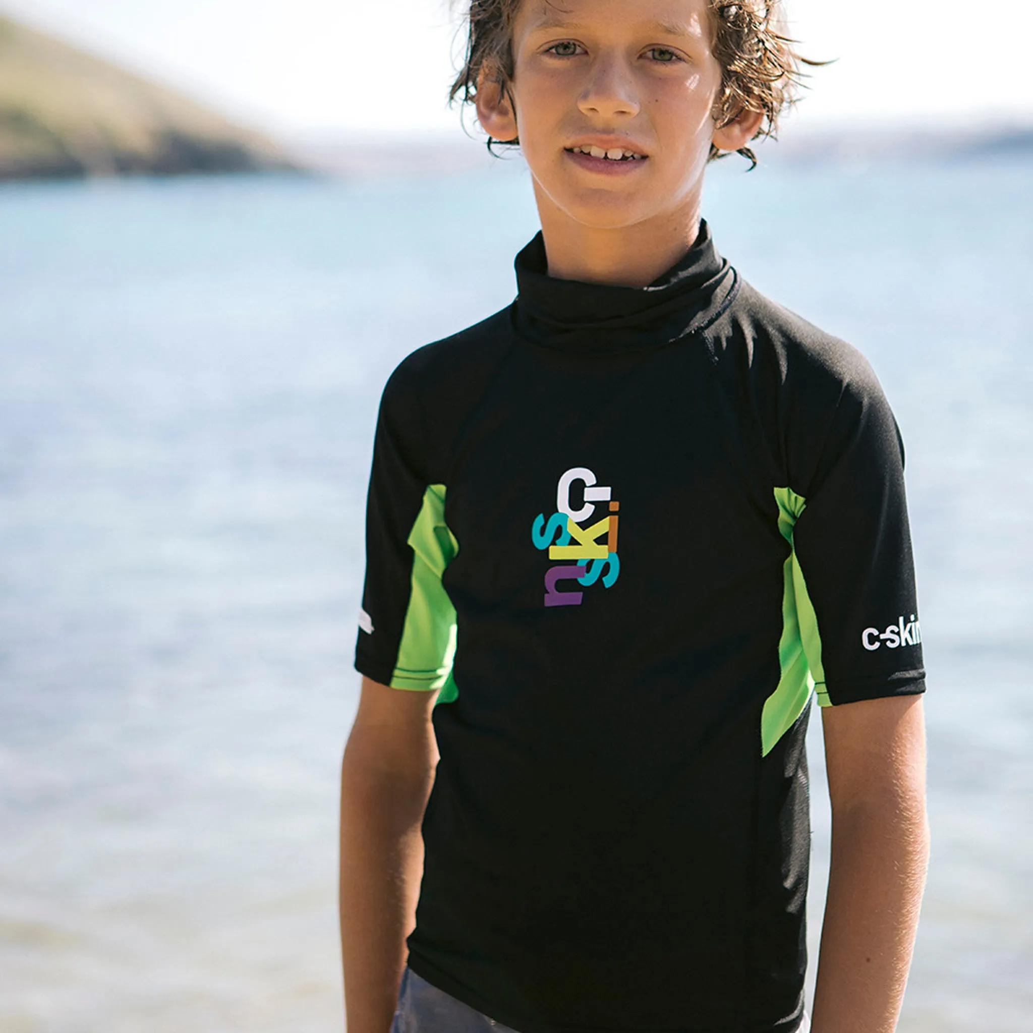 C-Skins Rash X Junior UV50 Short Sleeve Rash Vest - Black/Lime/Multi