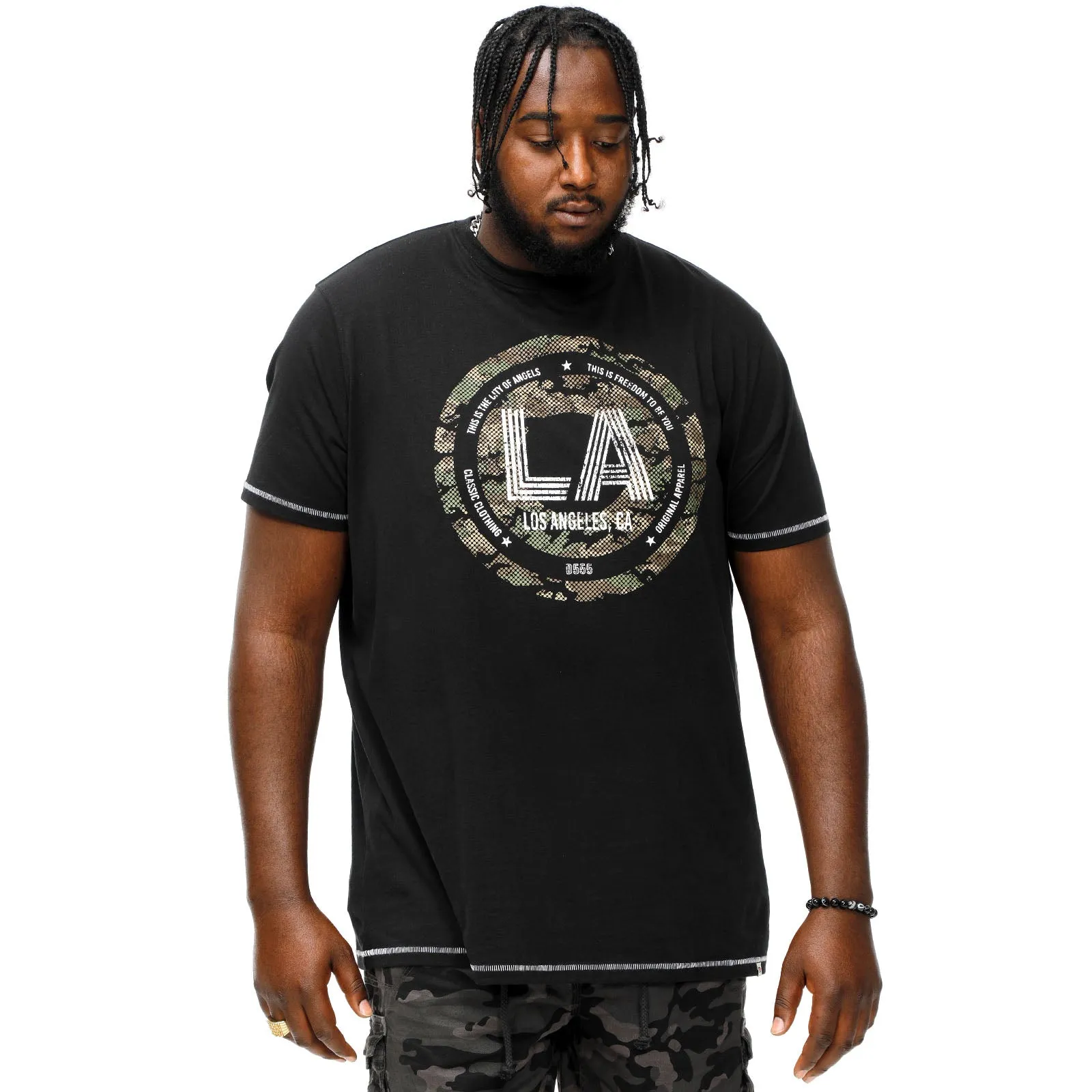 D555 Mens Benny Big & Tall LA Camo Printed Short Sleeve T-Shirt - Black