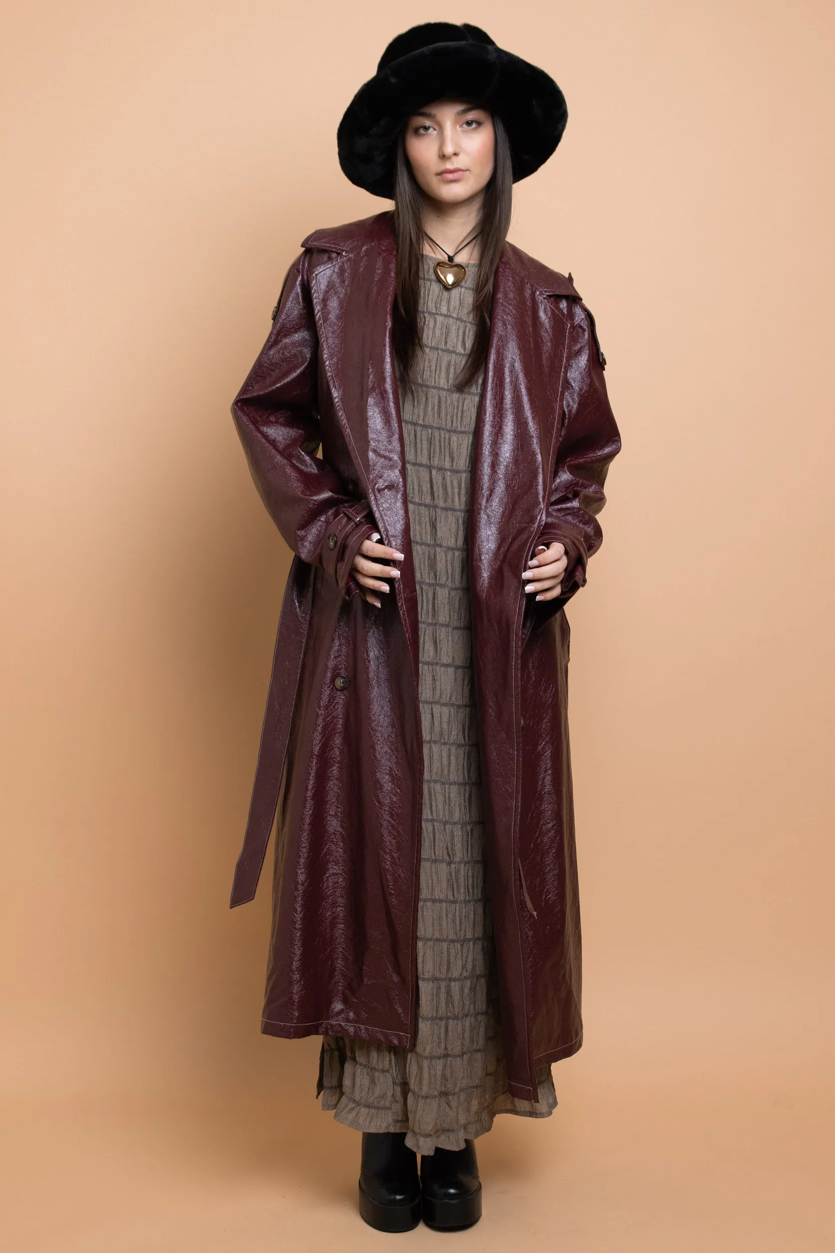 Daisy Street PU Trench Coat With Shoulder Detail