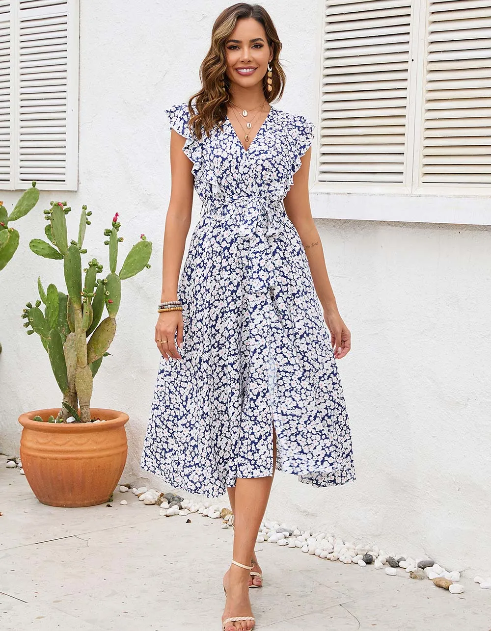 Disty Floral Slits Flounce Sleeve Long A-Line Dresses