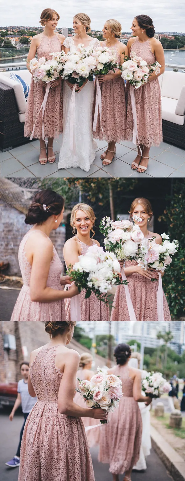 Dusty Pink Lace Sleeveless Tea Length Bridesmaid Dresses,DB128