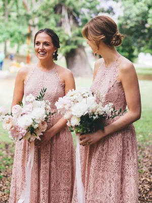 Dusty Pink Lace Sleeveless Tea Length Bridesmaid Dresses,DB128