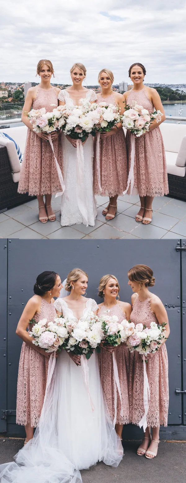 Dusty Pink Lace Sleeveless Tea Length Bridesmaid Dresses,DB128