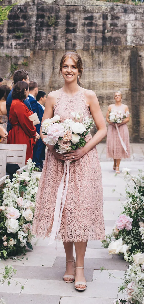 Dusty Pink Lace Sleeveless Tea Length Bridesmaid Dresses,DB128