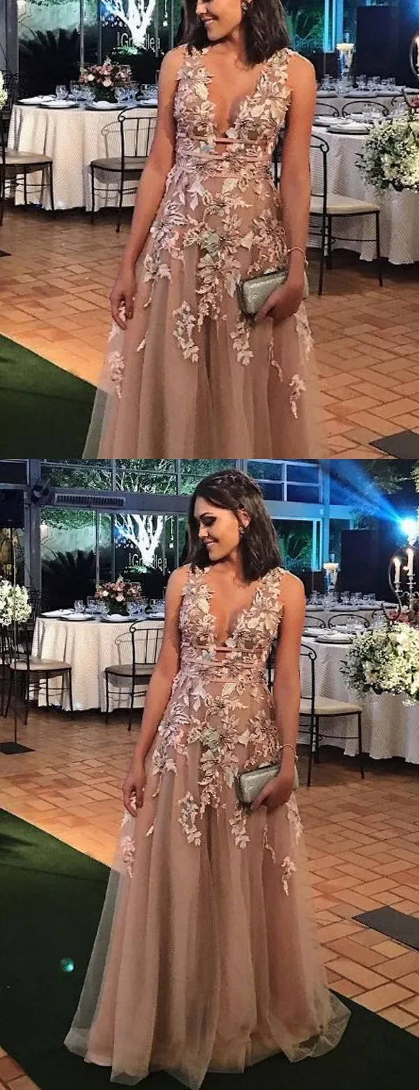 Elegant Applique Tulle Sleeveless V-neck A-line Prom Dresses,PD00191