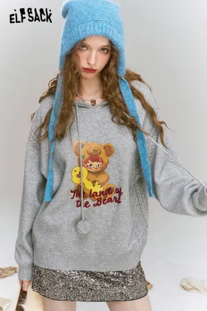 ELFSACK 2024 Winter New Arrivals Grey bear hooded sweater for women, Versatile soft top