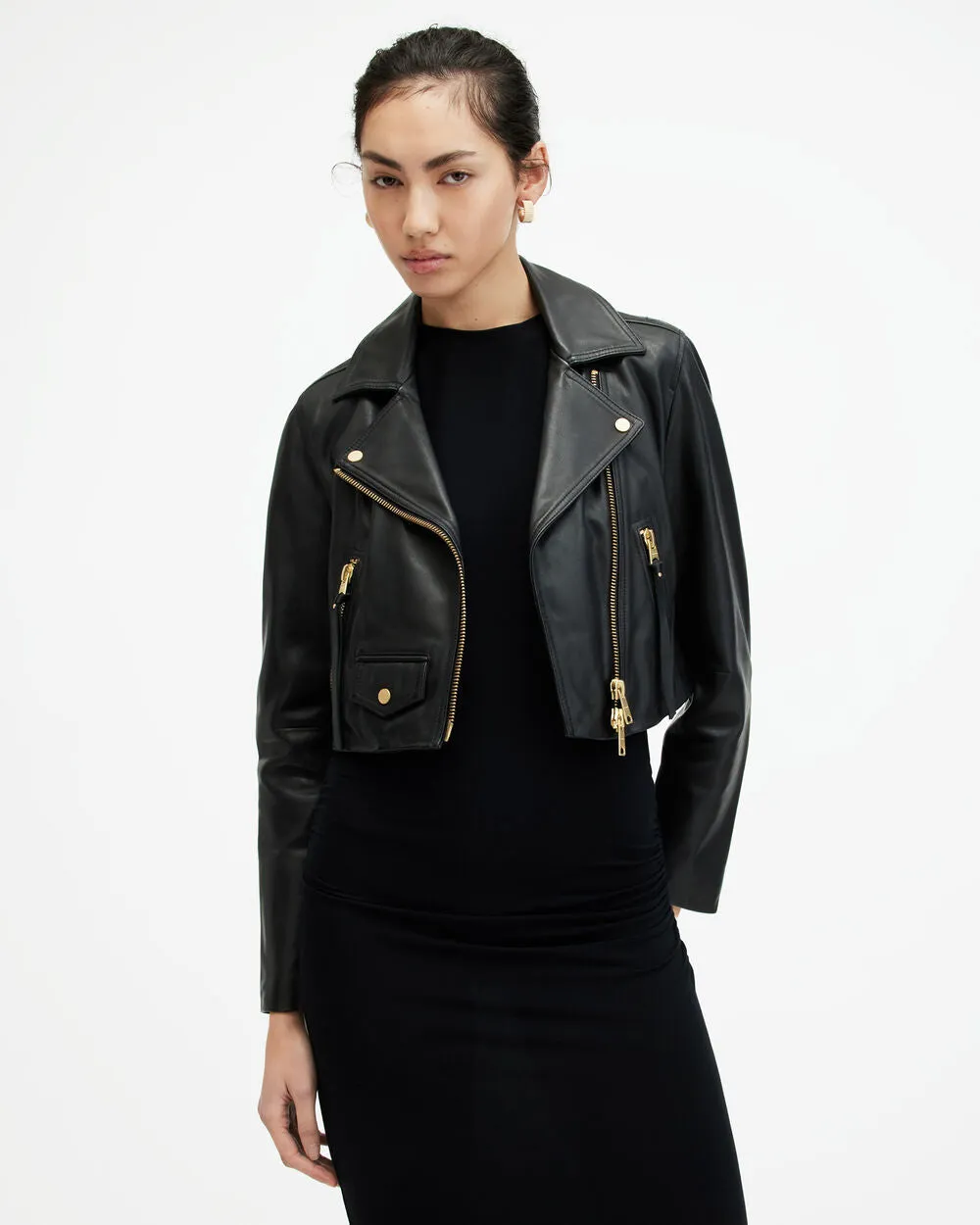 Elora AllSaints cropped leather biker jacket, black