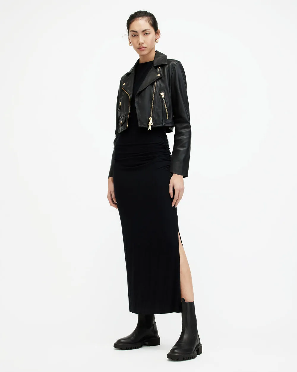 Elora AllSaints cropped leather biker jacket, black