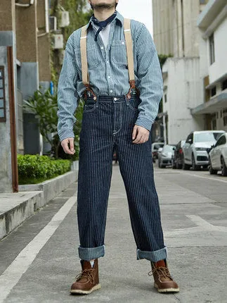 EPKing-Men's retro railroad vertical striped backpack pants loose wide leg straight work denim jeans