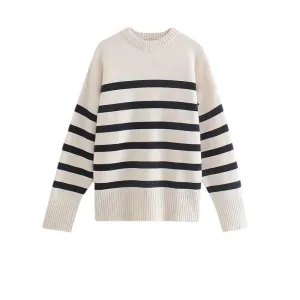 Fall Winter Striped Long Sleeve Crew Neck Ribbed Knit Side Slit Pullover Sweater Jumper