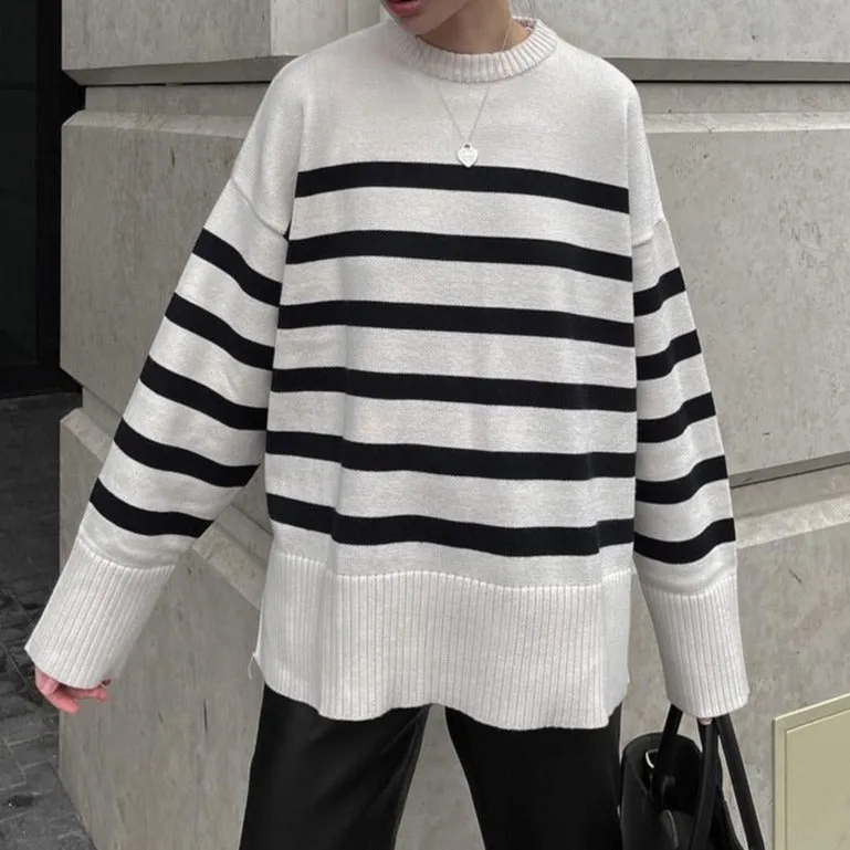 Fall Winter Striped Long Sleeve Crew Neck Ribbed Knit Side Slit Pullover Sweater Jumper