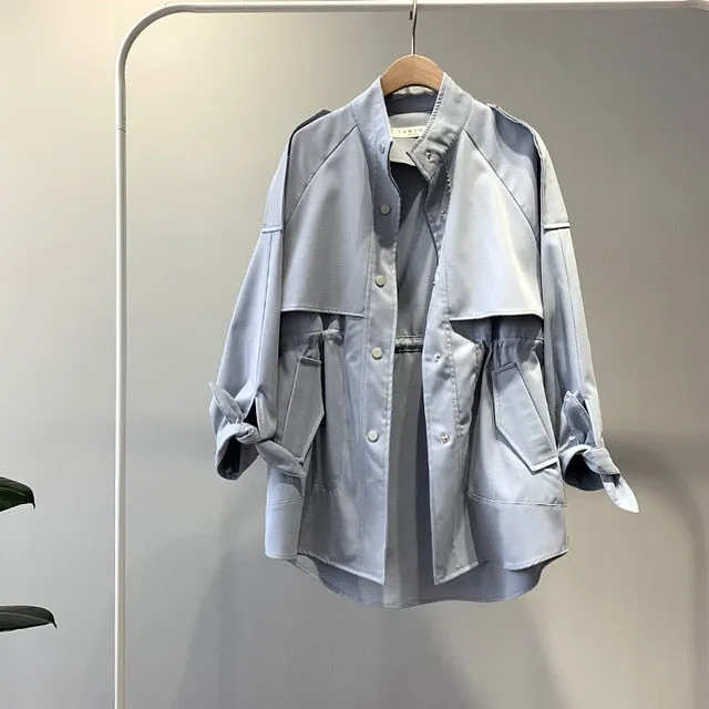 Fashion Trench Coat Female Spring Windbreaker Drawstring Summer Casual Loose Safari Clothes Stand Collar 2020 Women Short Trench