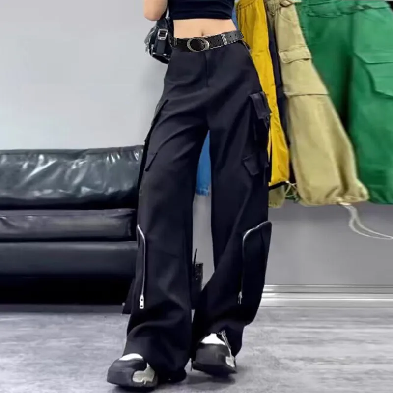 Fashionkova masc outfits American Retro Black Casual Pants Hot Girl Overalls Women's Design Sense Niche Loose Wide Leg Pants Straight Trousers