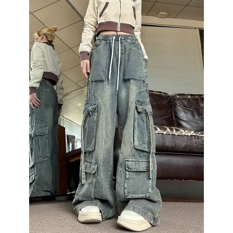 Fashionkova y2k outfits American Retro High Street Overalls Men's Straight Wide Leg Jeans 2024 New Fashion Trendy Ins Trousers