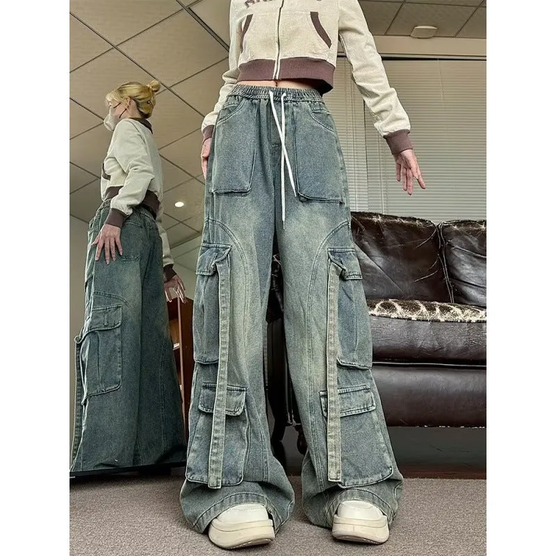 Fashionkova y2k outfits American Retro High Street Overalls Men's Straight Wide Leg Jeans 2024 New Fashion Trendy Ins Trousers