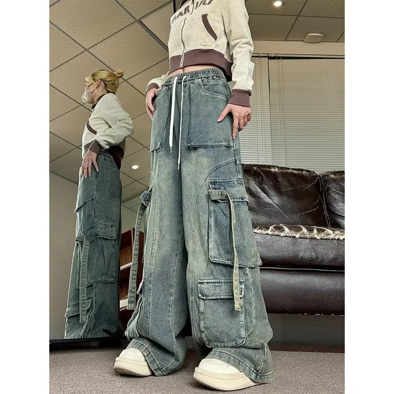 Fashionkova y2k outfits American Retro High Street Overalls Men's Straight Wide Leg Jeans 2024 New Fashion Trendy Ins Trousers