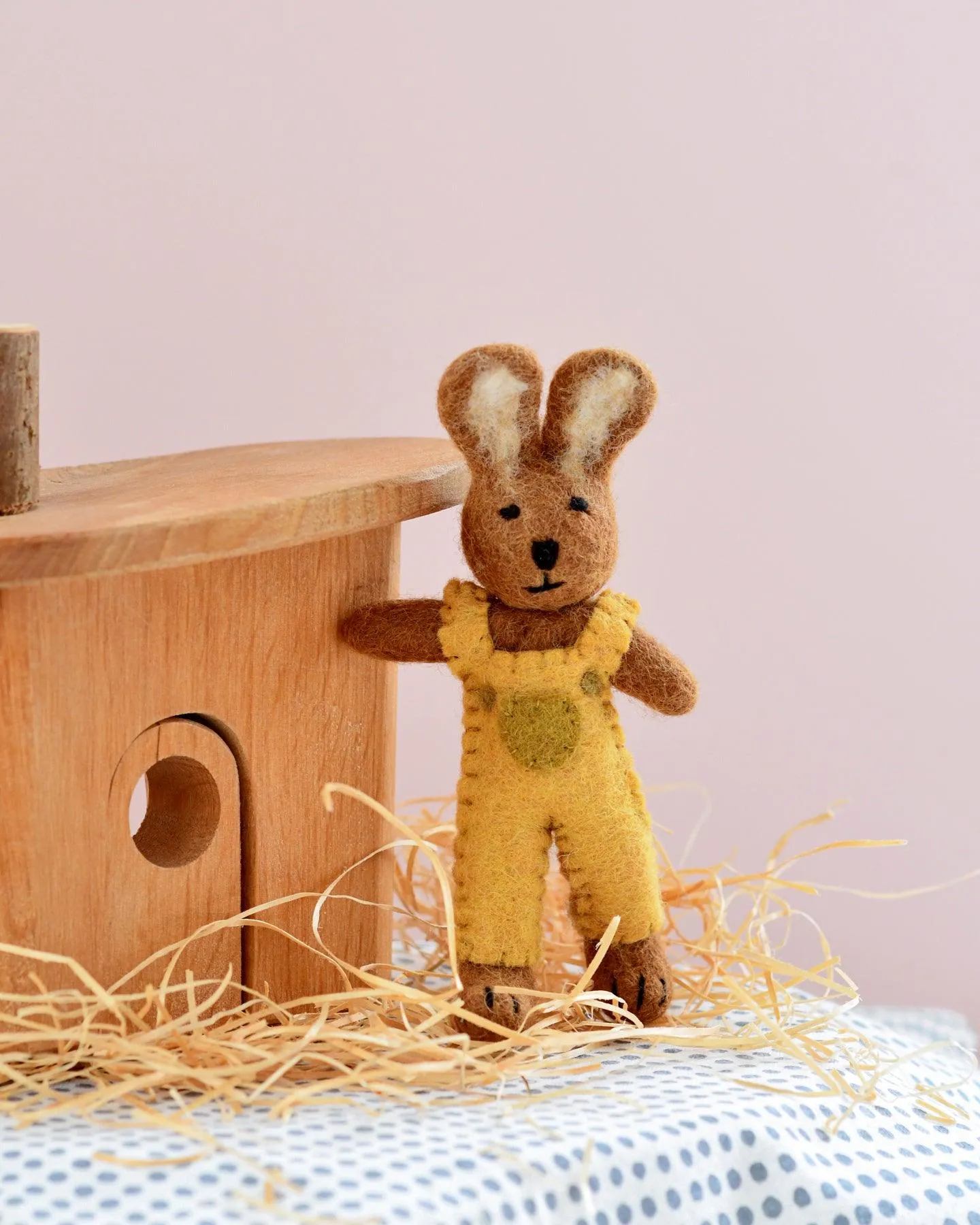 Felt Brown Hare Rabbit with Mustard Yellow Overalls Toy