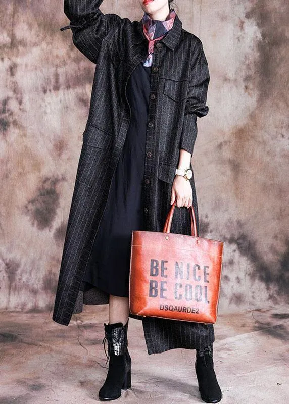 fine black woolen overcoat oversize Coats fall women coats striped