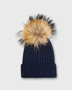 Fur Pom-Pom Beanie in Navy Extra Fine Merino