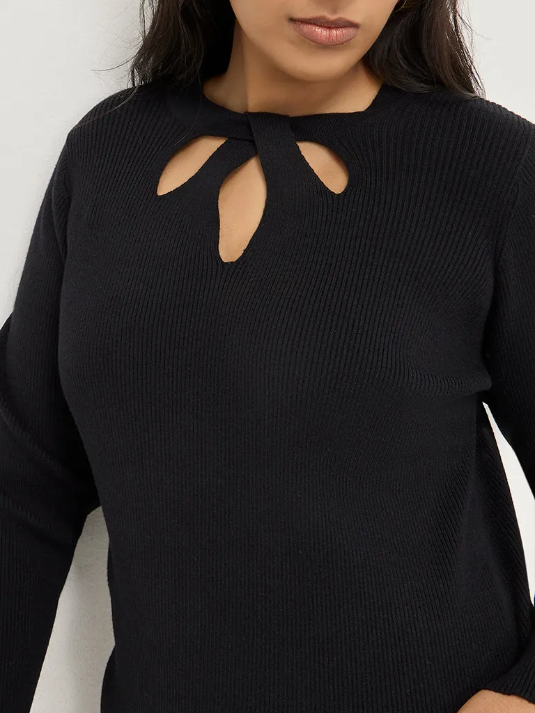 Gia Black Ribbed Cut-Out Detailed Sweater