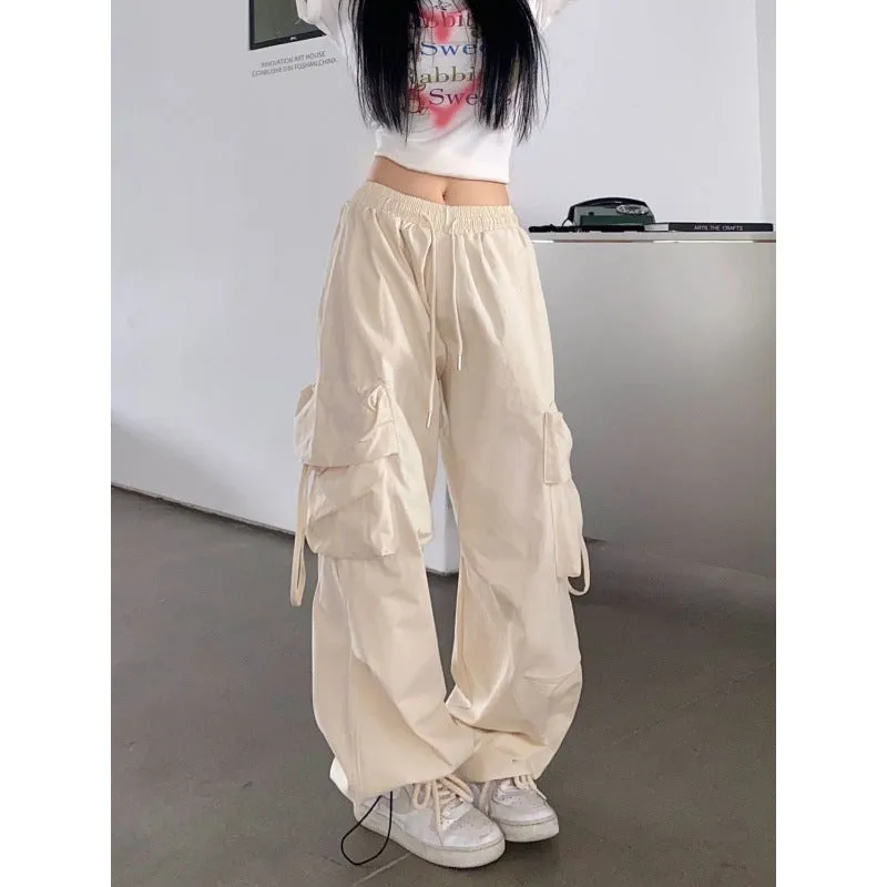 Girlary fall outfits aesthetic Apricot Overalls Women's Spring and Autumn Thin High Waist Wide Leg Straight Casual Design Quick-Drying American Retro Sports Pants