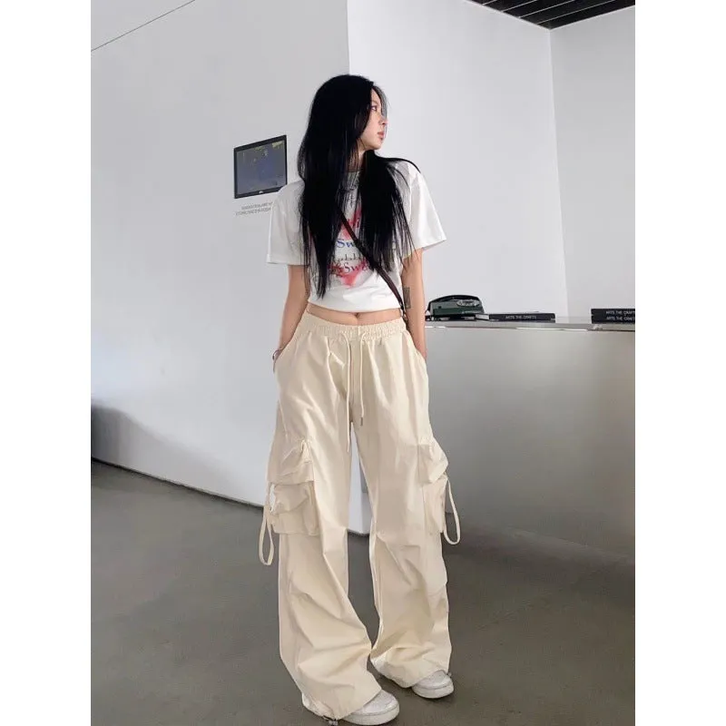 Girlary fall outfits aesthetic Apricot Overalls Women's Spring and Autumn Thin High Waist Wide Leg Straight Casual Design Quick-Drying American Retro Sports Pants